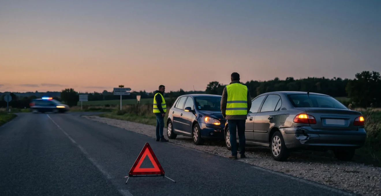 Deux conducteurs échangeant leurs informations sur le bord d'une route française après un accrochage, avec les feux de détresse allumés