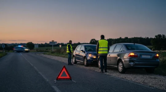 Deux conducteurs échangeant leurs informations sur le bord d'une route française après un accrochage, avec les feux de détresse allumés
