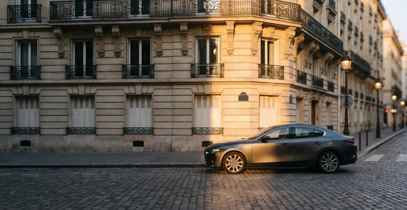 Voiture neuve garee devant une architecture urbaine francaise typique, symbolisant le choix reflechi entre achat neuf et occasion