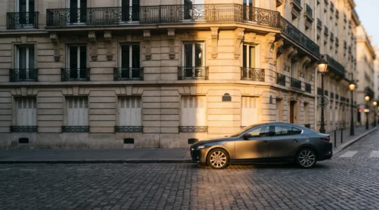Voiture neuve garee devant une architecture urbaine francaise typique, symbolisant le choix reflechi entre achat neuf et occasion