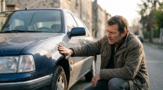 Un acheteur examine attentivement une voiture d'occasion avant de signer, symbole de vigilance face aux pièges du marché automobile