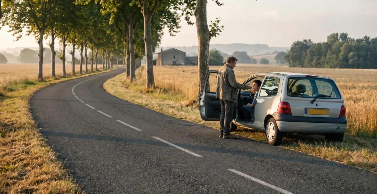 Un parent accompagne son adolescent au volant sur une route de campagne française au lever du jour, symbolisant l'apprentissage précoce de la conduite.