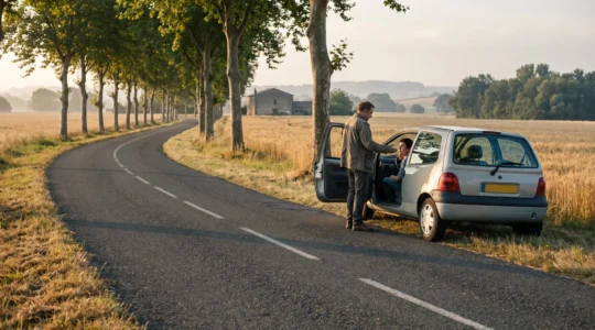 Un parent accompagne son adolescent au volant sur une route de campagne française au lever du jour, symbolisant l'apprentissage précoce de la conduite.