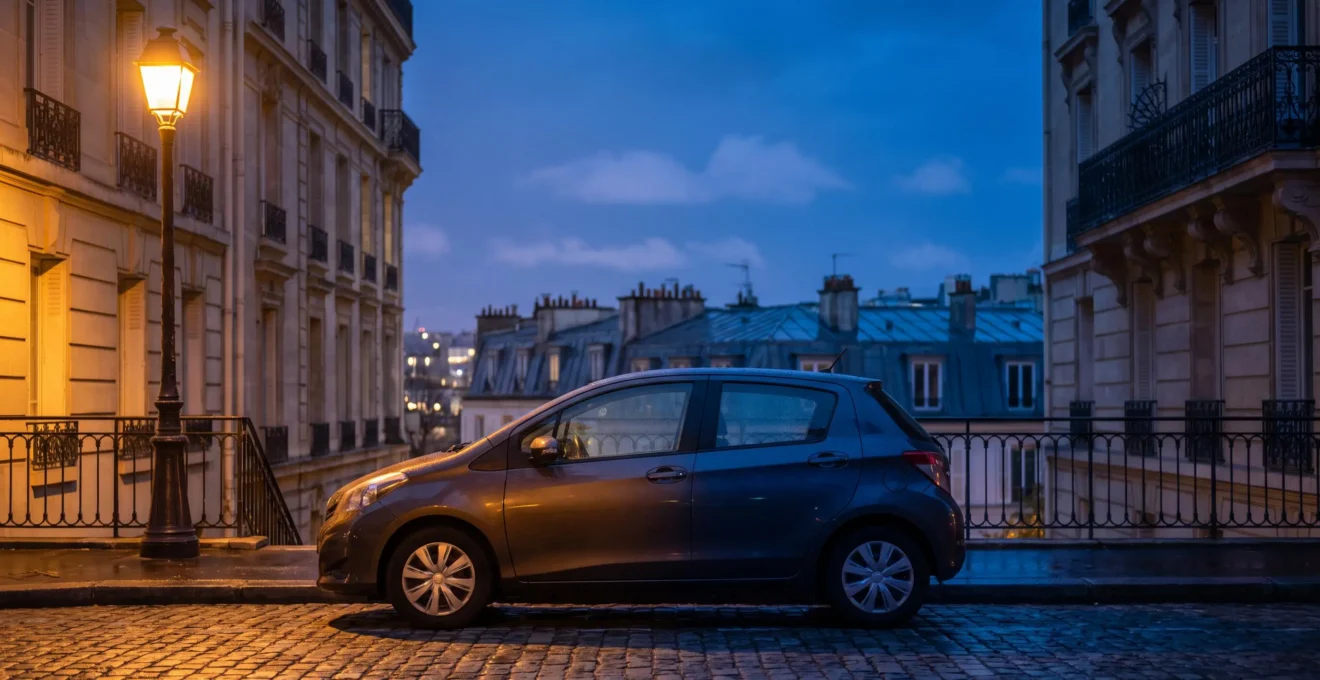Voiture citadine française stationnée le soir, mi-eclairee mi-dans l'ombre, symbolisant une protection d'assurance partielle