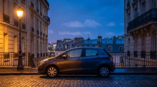 Voiture citadine française stationnée le soir, mi-eclairee mi-dans l'ombre, symbolisant une protection d'assurance partielle
