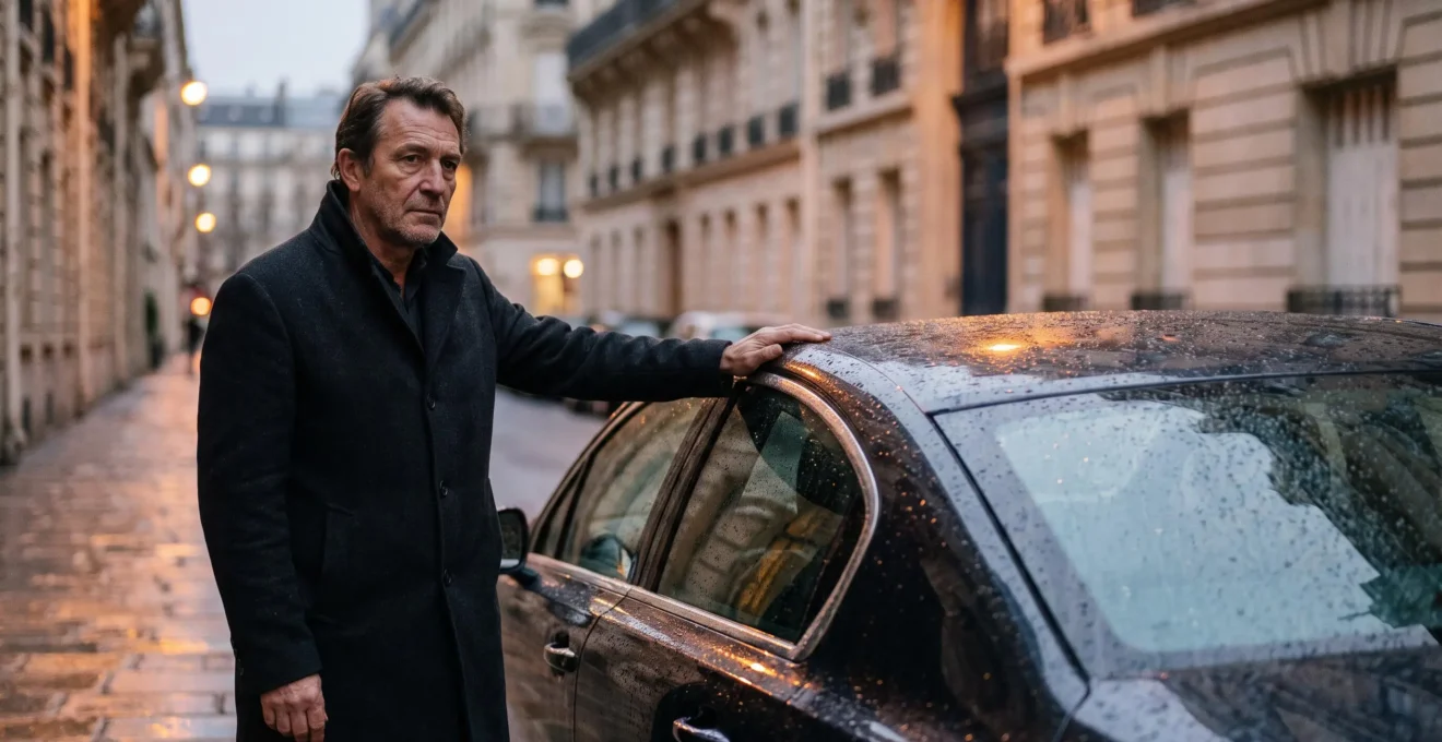 Conducteur français debout sous la pluie à côté de sa voiture, en réflexion sur son contrat d'assurance auto