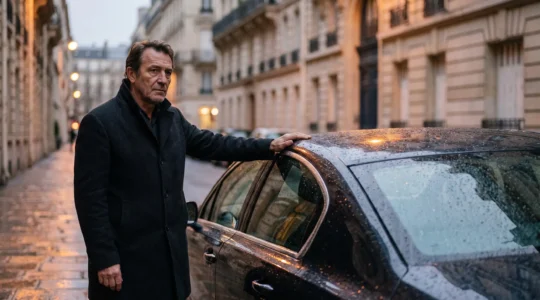Conducteur français debout sous la pluie à côté de sa voiture, en réflexion sur son contrat d'assurance auto