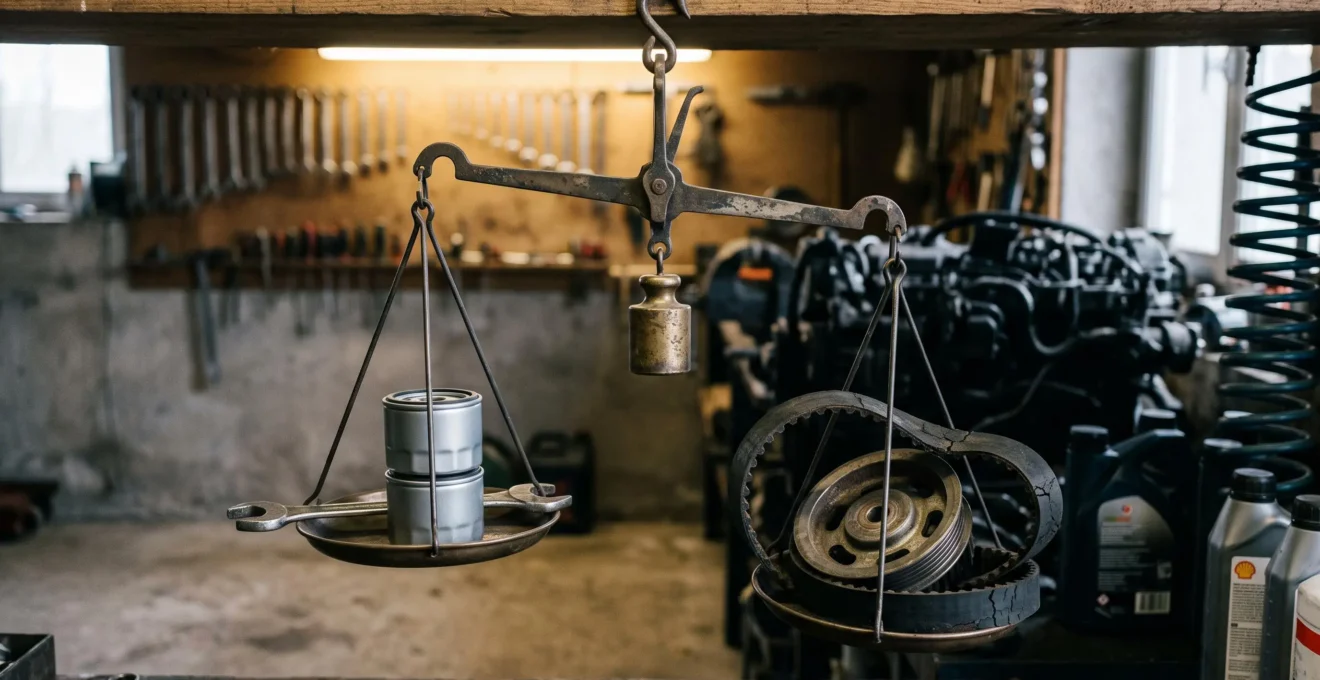 Illustration symbolique d'une balance mettant en équilibre une petite pièce d'entretien automobile et un moteur endommagé, représentant l'économie réalisée par l'entretien préventif en France