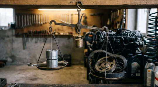 Illustration symbolique d'une balance mettant en équilibre une petite pièce d'entretien automobile et un moteur endommagé, représentant l'économie réalisée par l'entretien préventif en France