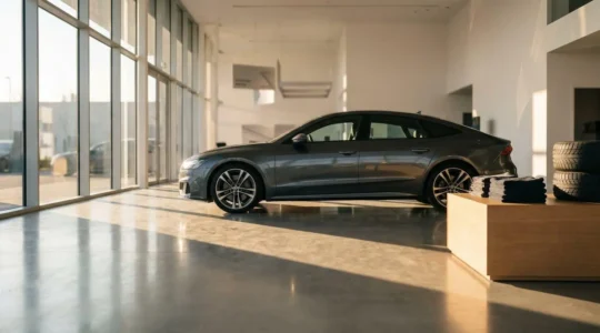 Balance symbolique représentant l'investissement initial plus élevé en concession automobile française face aux économies réalisées sur cinq ans
