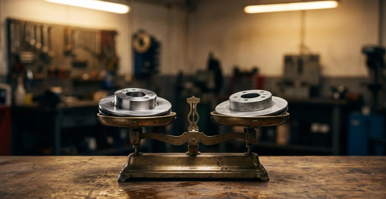 Photographie symbolique d'une balance en metal mettant en equilibre deux pieces automobiles distinctes, illustrant le choix entre prix et fiabilite