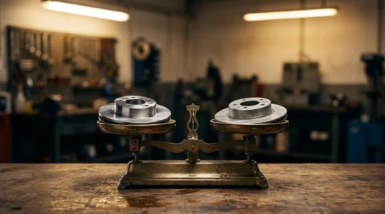 Photographie symbolique d'une balance en metal mettant en equilibre deux pieces automobiles distinctes, illustrant le choix entre prix et fiabilite