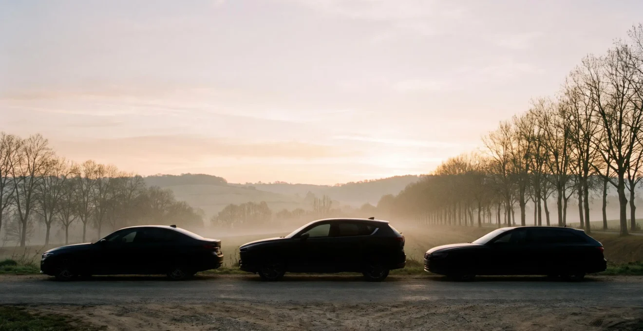 Trois silhouettes de voitures françaises différentes (berline, SUV et break) alignées sur une route de campagne au lever du jour, symbolisant le choix entre les types de carrosserie.
