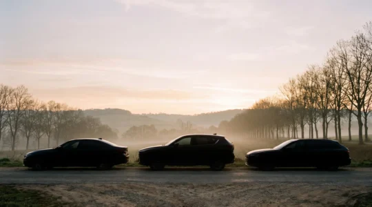 Trois silhouettes de voitures françaises différentes (berline, SUV et break) alignées sur une route de campagne au lever du jour, symbolisant le choix entre les types de carrosserie.
