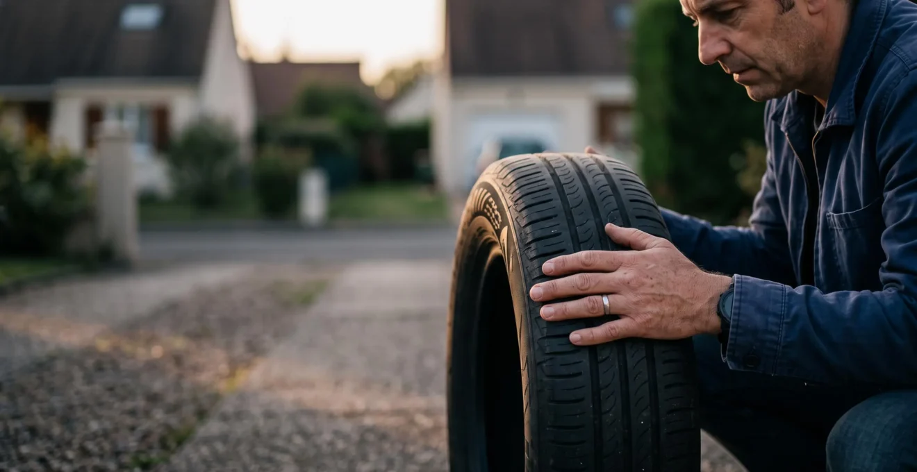 Gros plan artistique sur un pneu de voiture partiellement use pose sur le bitume mouille d'une route francaise, symbolisant le cout cache d'un mauvais choix de pneumatique.