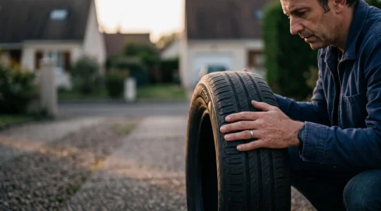 Gros plan artistique sur un pneu de voiture partiellement use pose sur le bitume mouille d'une route francaise, symbolisant le cout cache d'un mauvais choix de pneumatique.