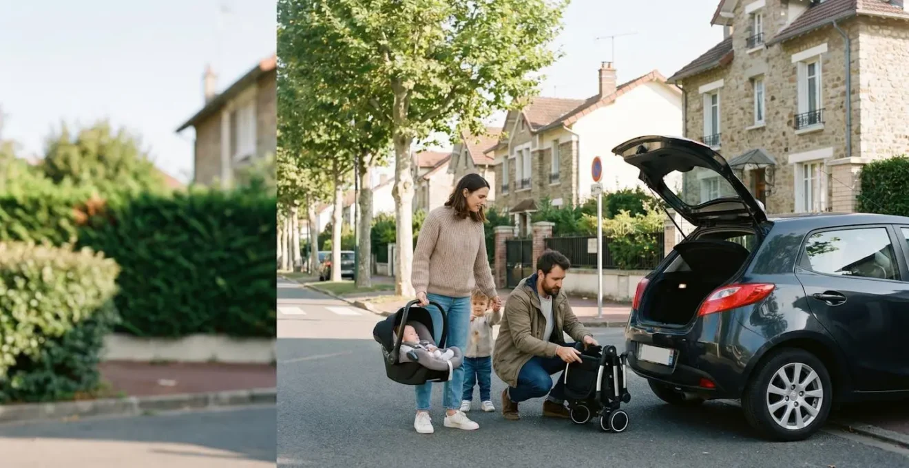 Jeune famille française chargeant une poussette compacte et des sièges auto dans le coffre d'une citadine, symbole d'une voiture accessible pour deux enfants