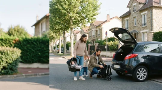 Jeune famille française chargeant une poussette compacte et des sièges auto dans le coffre d'une citadine, symbole d'une voiture accessible pour deux enfants