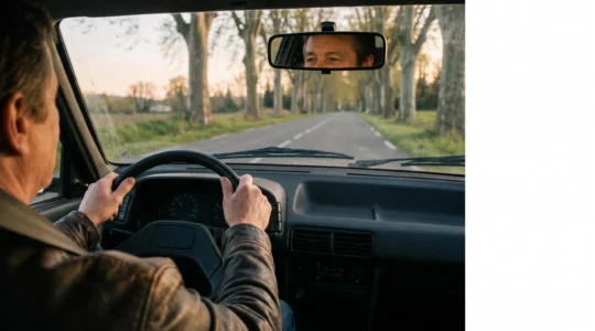 Conducteur attentif et serein tenant le volant sur une route départementale française au crépuscule, symbole de conduite responsable