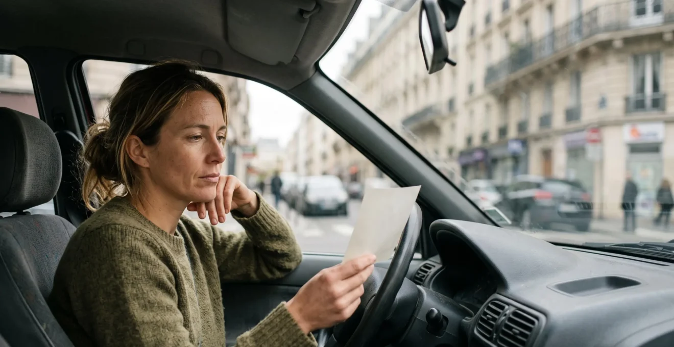 Automobiliste francais reflechissant face a un avis de contravention sur le tableau de bord de sa voiture