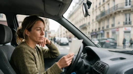 Automobiliste francais reflechissant face a un avis de contravention sur le tableau de bord de sa voiture