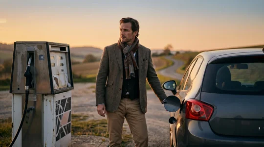 Automobiliste français faisant le plein d'essence au coucher du soleil, symbole d'économies sur le budget carburant