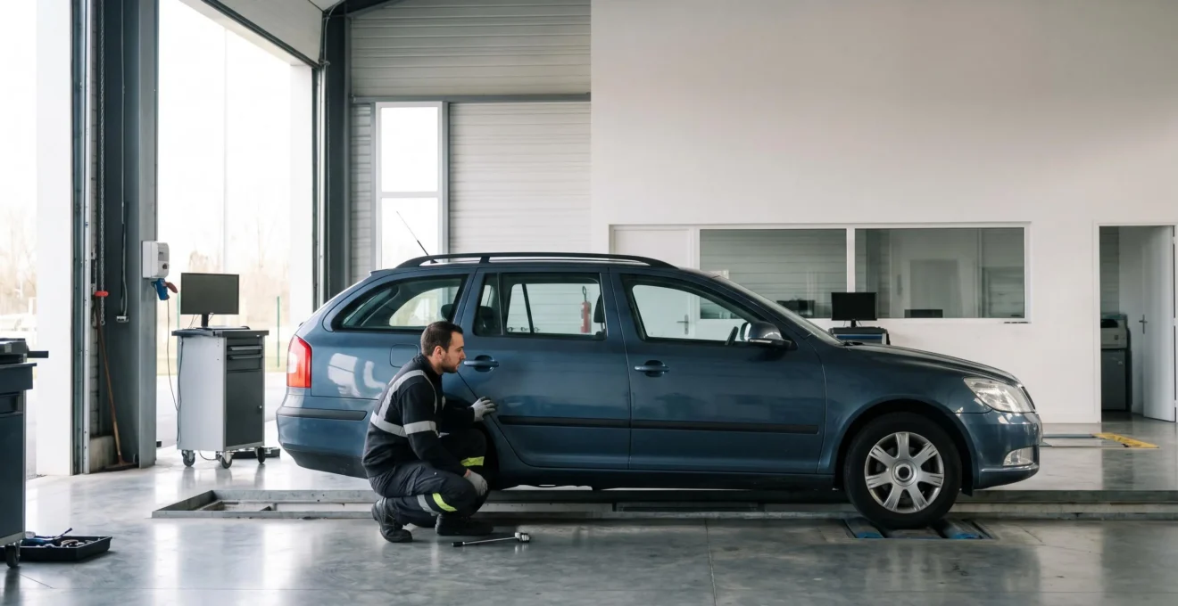 Contrôleur technique inspectant méticuleusement le dessous d'une voiture dans un centre agréé français, symbolisant la prévention avant contre-visite