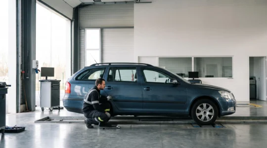 Contrôleur technique inspectant méticuleusement le dessous d'une voiture dans un centre agréé français, symbolisant la prévention avant contre-visite