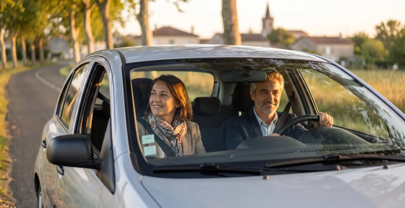 Deux collegues souriants partageant une voiture citadine francaise au lever du jour pour se rendre au travail