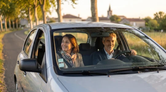 Deux collegues souriants partageant une voiture citadine francaise au lever du jour pour se rendre au travail
