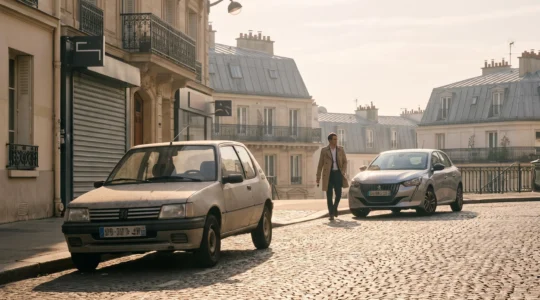 Une personne quitte une voiture personnelle garée pour rejoindre une voiture en autopartage dans une rue française typique