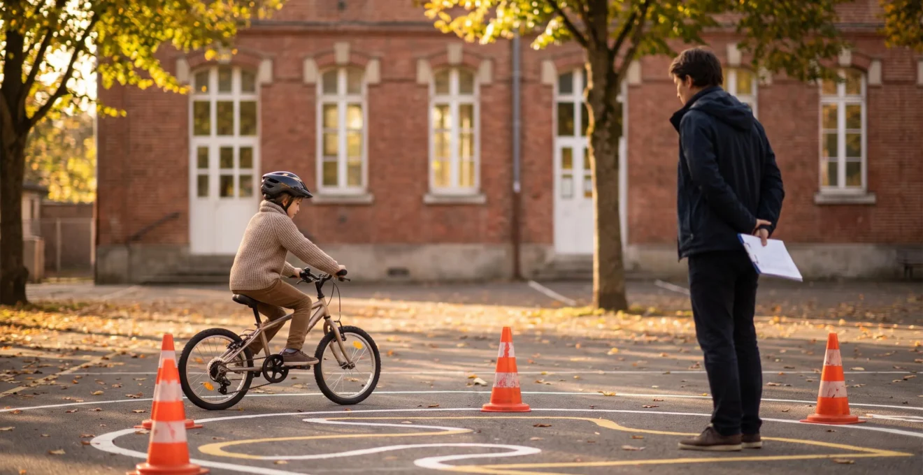 Un enfant apprend les règles de sécurité routière à vélo dans une cour d'école française, sous le regard bienveillant d'un adulte