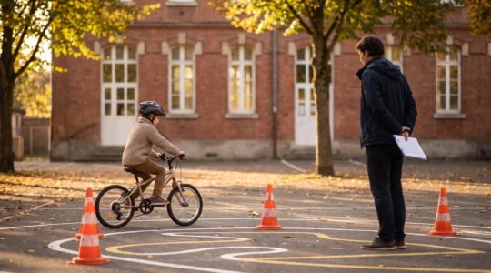 Un enfant apprend les règles de sécurité routière à vélo dans une cour d'école française, sous le regard bienveillant d'un adulte