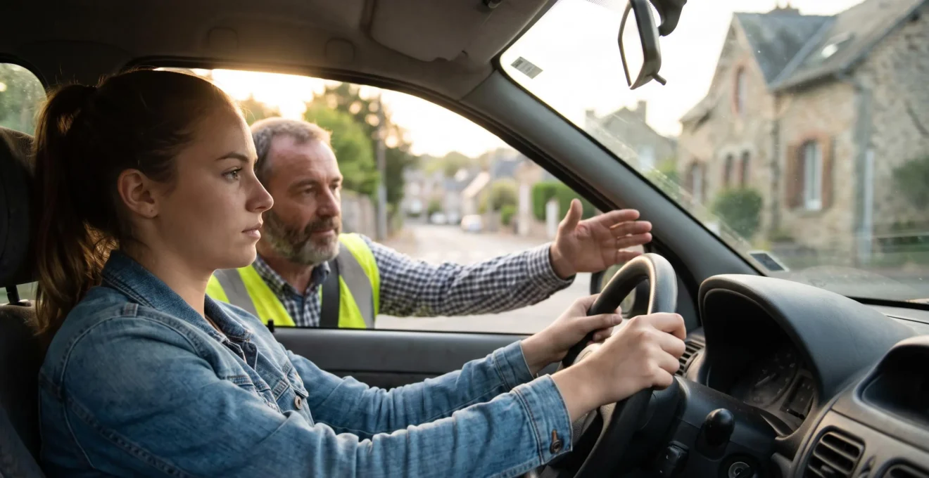 Élève au volant accompagné d'un moniteur d'auto-école lors d'une leçon de conduite en France