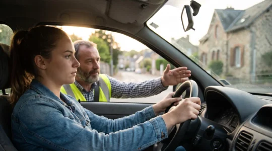 Élève au volant accompagné d'un moniteur d'auto-école lors d'une leçon de conduite en France