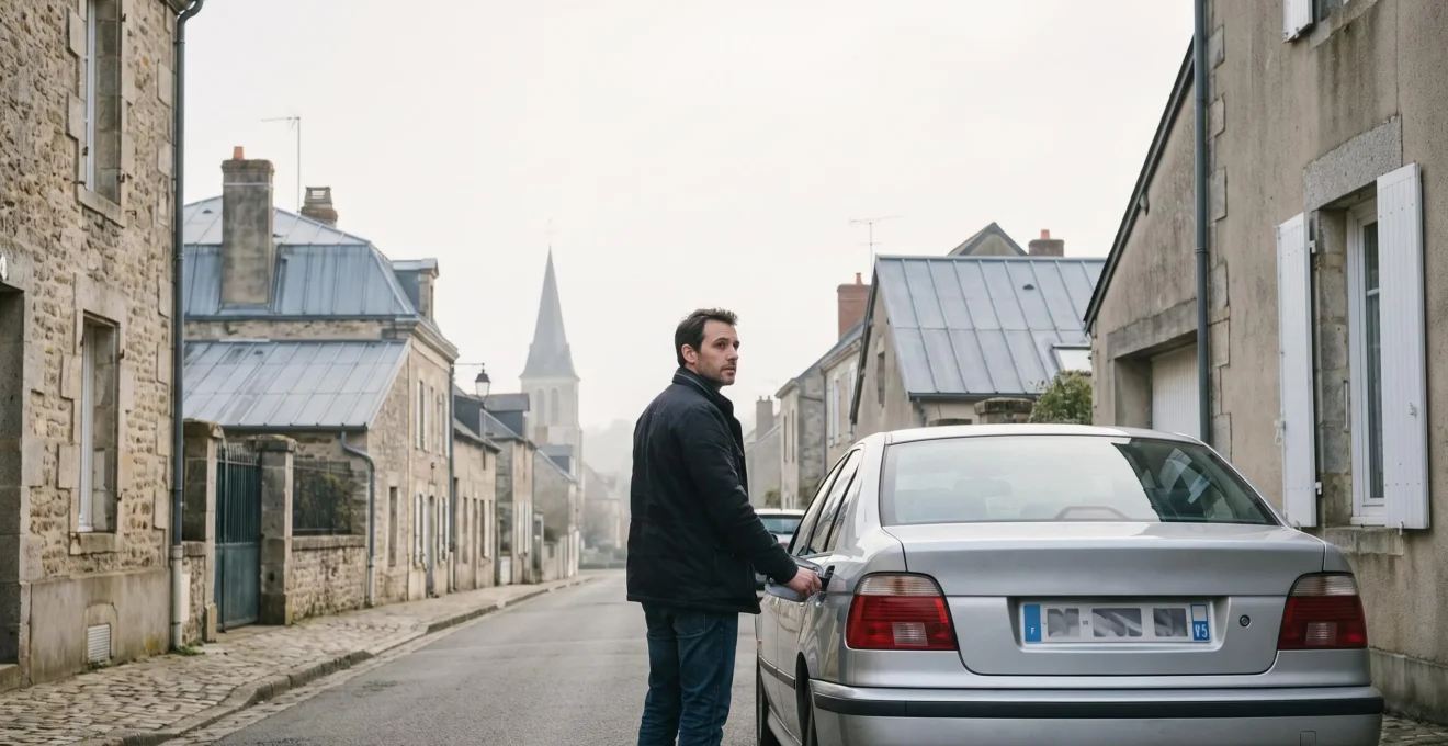 Automobiliste français examinant les postes de dépenses cachés de sa voiture, tableau de bord et documents flous en arrière-plan