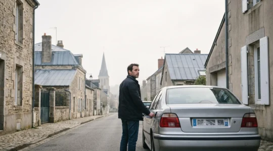 Automobiliste français examinant les postes de dépenses cachés de sa voiture, tableau de bord et documents flous en arrière-plan