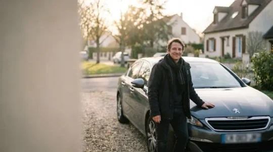Conducteur serein posant la main sur le capot de sa voiture neuve dans une allee residentielle francaise, symbole de la garantie constructeur