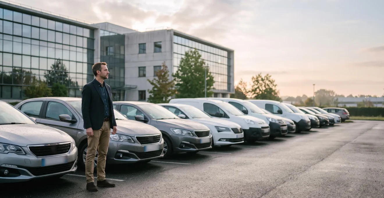 Gestionnaire de flotte automobile observant les véhicules de son parc d'entreprise garés dans un parking professionnel en France au lever du jour