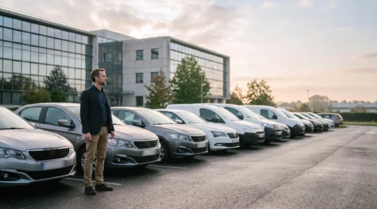 Gestionnaire de flotte automobile observant les véhicules de son parc d'entreprise garés dans un parking professionnel en France au lever du jour