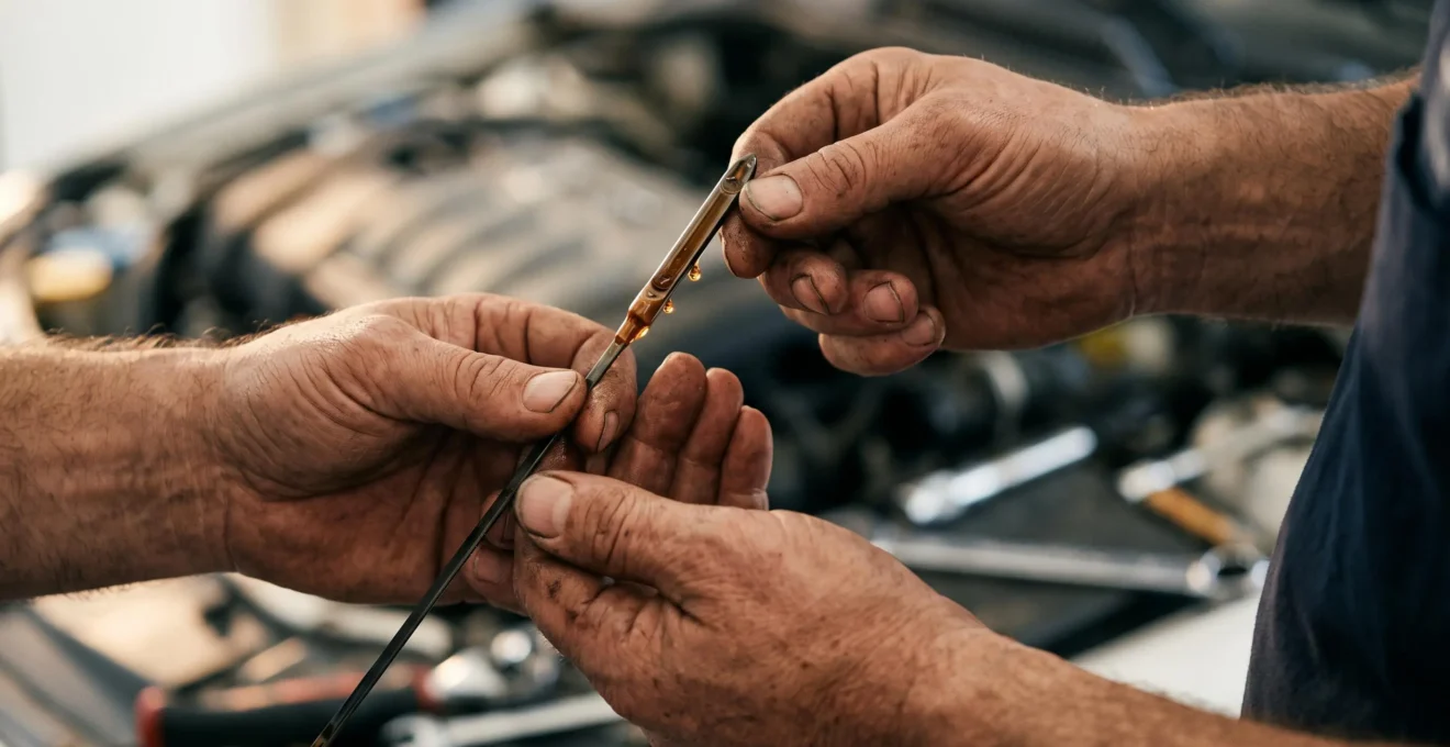 Gros plan artistique sur une jauge d'huile moteur retirée d'un bloc-moteur, illuminée par une lumière chaude évoquant la protection mécanique