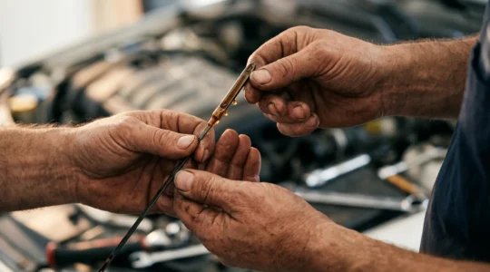 Gros plan artistique sur une jauge d'huile moteur retirée d'un bloc-moteur, illuminée par une lumière chaude évoquant la protection mécanique