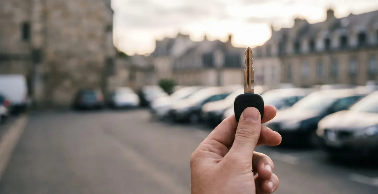 Main tenant une clé de voiture de location au-dessus d'un parking flouté en arrière-plan, symbolisant le coût caché d'une location de voiture en France