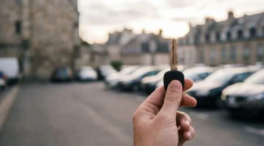 Main tenant une clé de voiture de location au-dessus d'un parking flouté en arrière-plan, symbolisant le coût caché d'une location de voiture en France