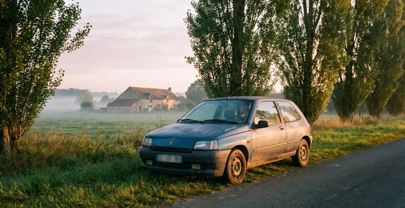 Symbole visuel d'une voiture d'occasion fiable et abordable sur une route de campagne française, entre mythe et réalité
