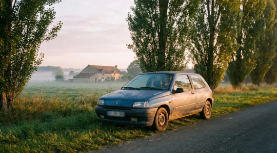 Symbole visuel d'une voiture d'occasion fiable et abordable sur une route de campagne française, entre mythe et réalité