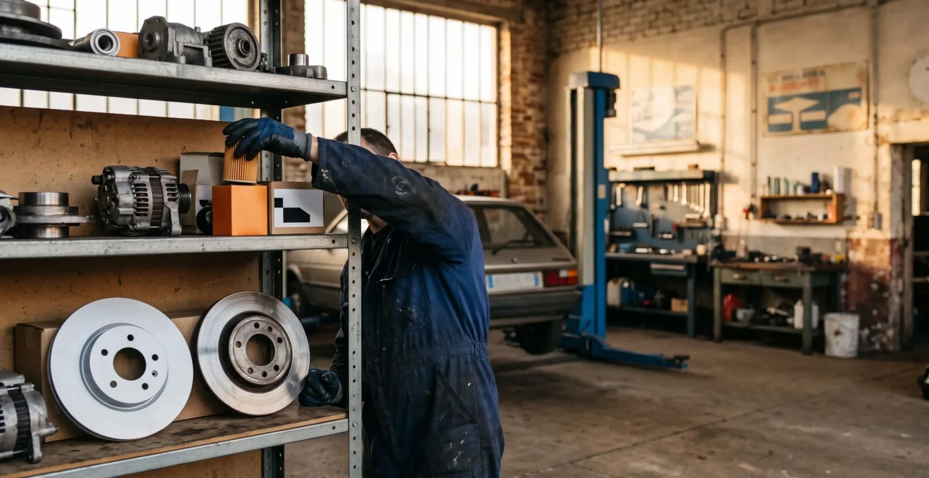 Comparatif visuel de pièces automobiles neuves et reconditionnées disposées dans un atelier français, symbolisant le choix entre qualité et économie