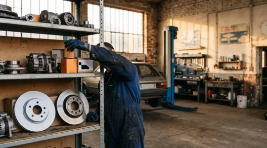 Comparatif visuel de pièces automobiles neuves et reconditionnées disposées dans un atelier français, symbolisant le choix entre qualité et économie