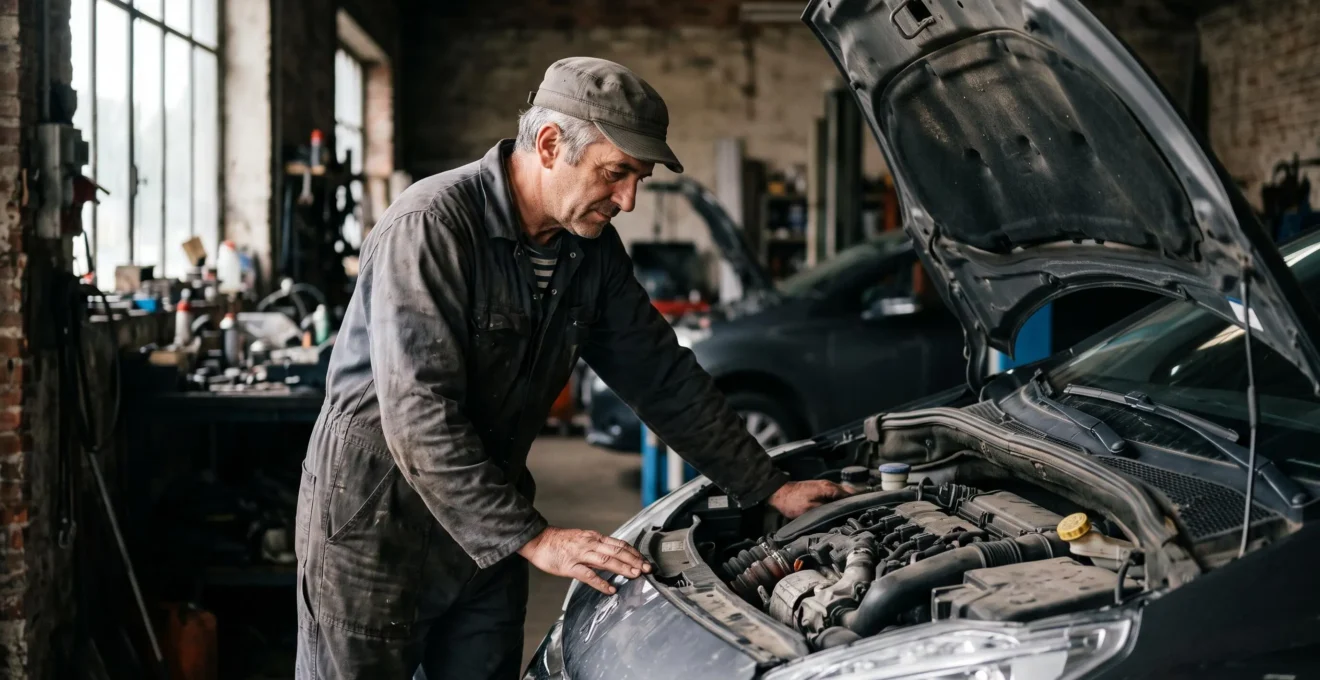 Mécanicien examinant le moteur d'une voiture ancienne dans un garage français, symbole de la prévention des pannes par un entretien ciblé