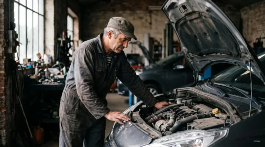 Mécanicien examinant le moteur d'une voiture ancienne dans un garage français, symbole de la prévention des pannes par un entretien ciblé